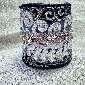 Wide Cuff Bracelet Boho Denim Fabric Womens Embellished Lace Handmade 7.5 8